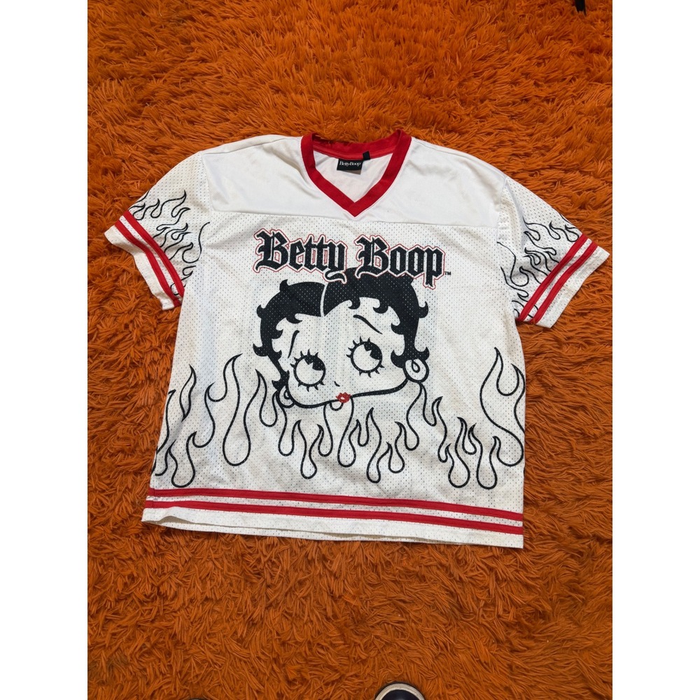 Betty Boop Mens Mesh Football Jersey White Red Flames Graphic Shirt Large